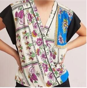 Tiny Anthropologie Top Womens Small Floral Scarf Print V Neck Cap Sleeve Blouse